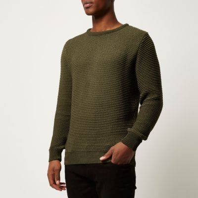 Khaki green textured knitted jumper
